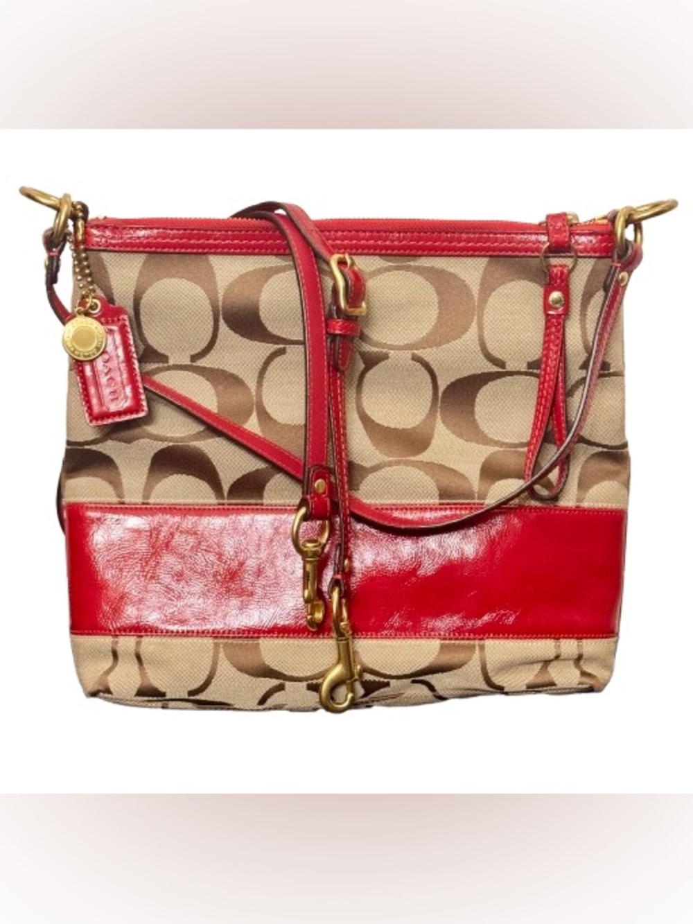 Coach 12825 Y2K Legacy Signature Stripe Convertible Shoulder Bag (Khaki/Red)-LNC